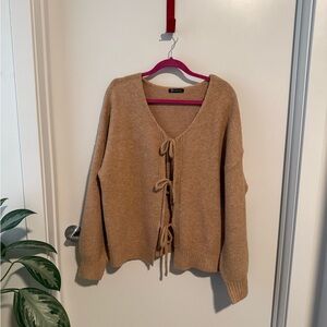 Elegant Tan Cardigan with Tie Accents